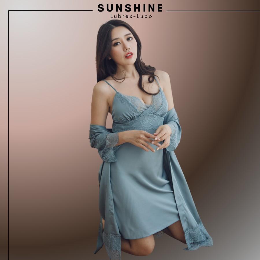 Váy Ngủ Lụa Kèm Áo Choàng Ngủ Lụa Cao Cấp CÓ MÚT NGỰC MÀU XANH SUNSHINE MNT560