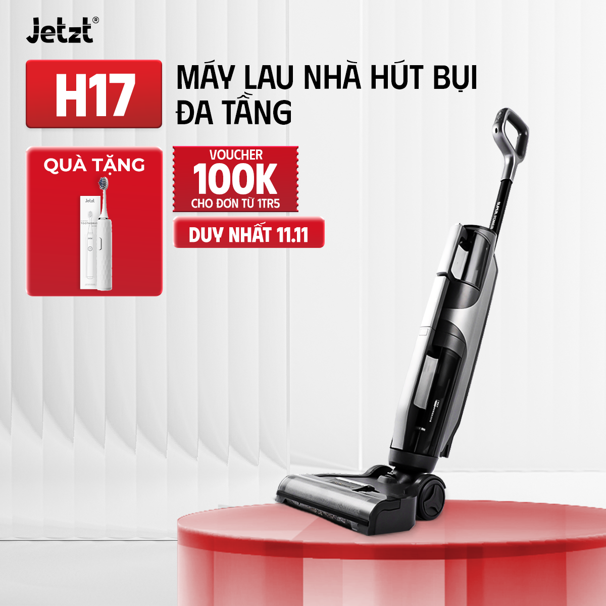 Máy lau nhà hút bụi không dây thế hệ mới JETZT H17 lực hút 18000PA