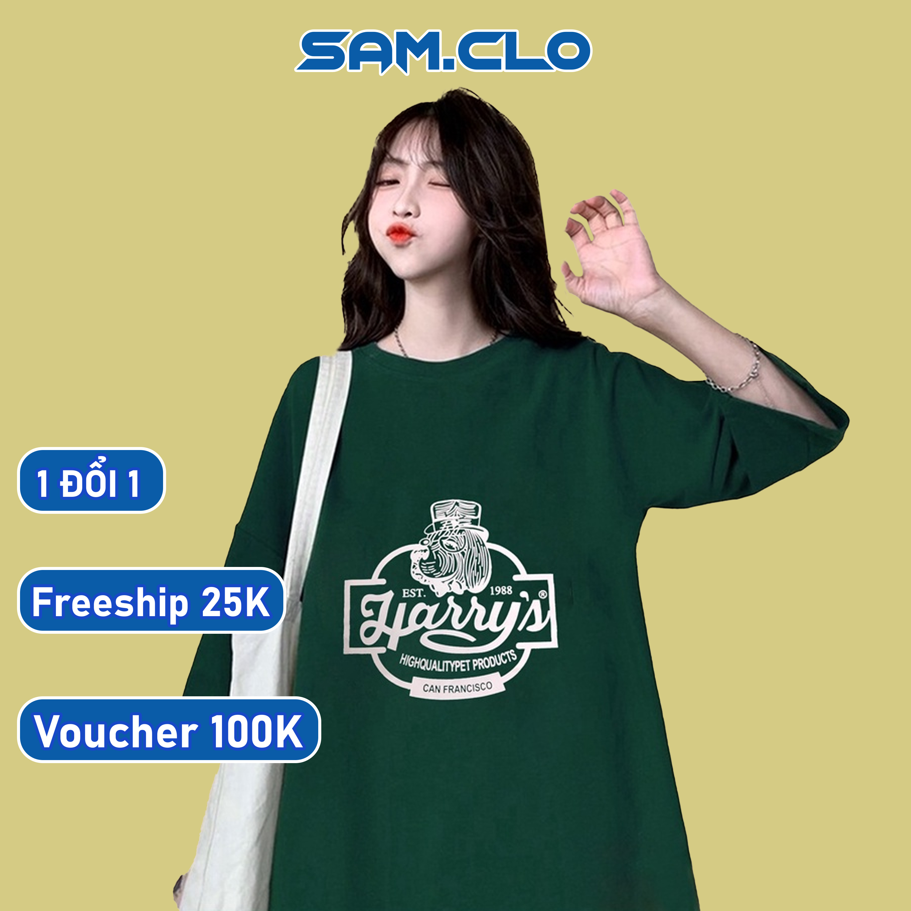 Áo thun tay lỡ nam nữ SAM CLO form rộng dáng Unisex in chữ HARRY'S-CAN FRANCISCO 1988
