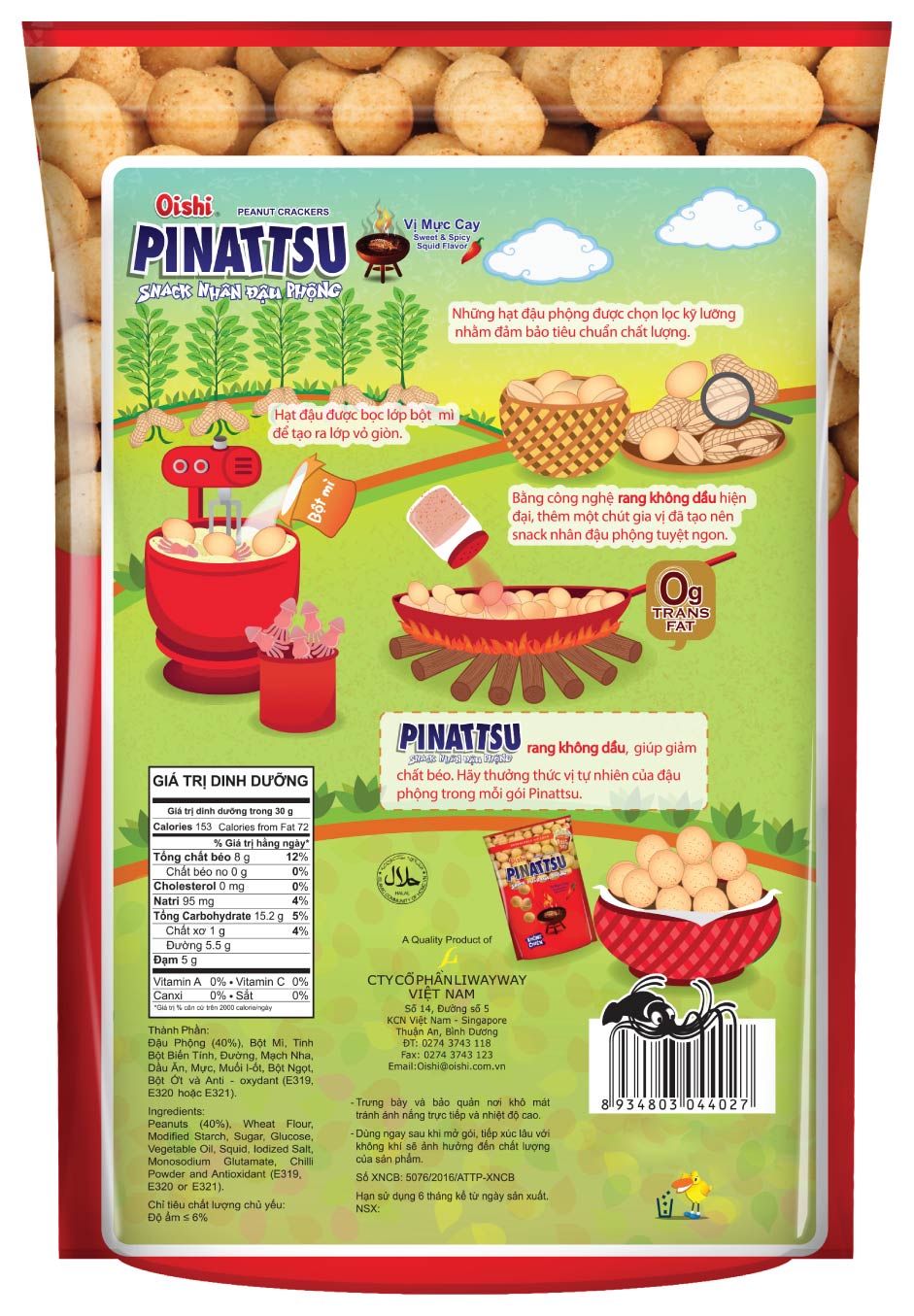 Combo 20 gói Oishi Snack Nhân Đậu Phộng Vị Mực Cay Pinattsu (95g/gói)