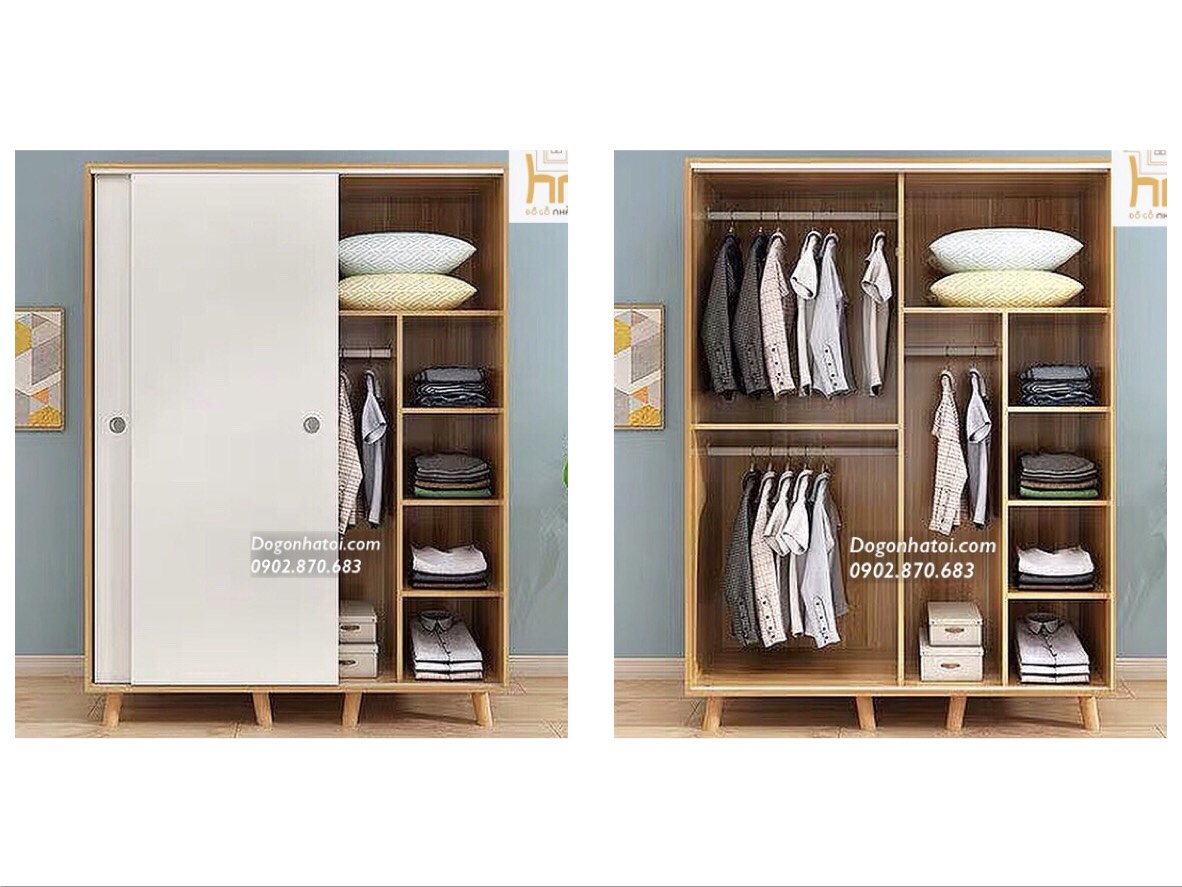 Tủ Quần Áo 2 Cánh Trượt Màu Trắng- sồi phong cách Bắc Âu sang trọng hiện đại Cao 1m9 x R1m4