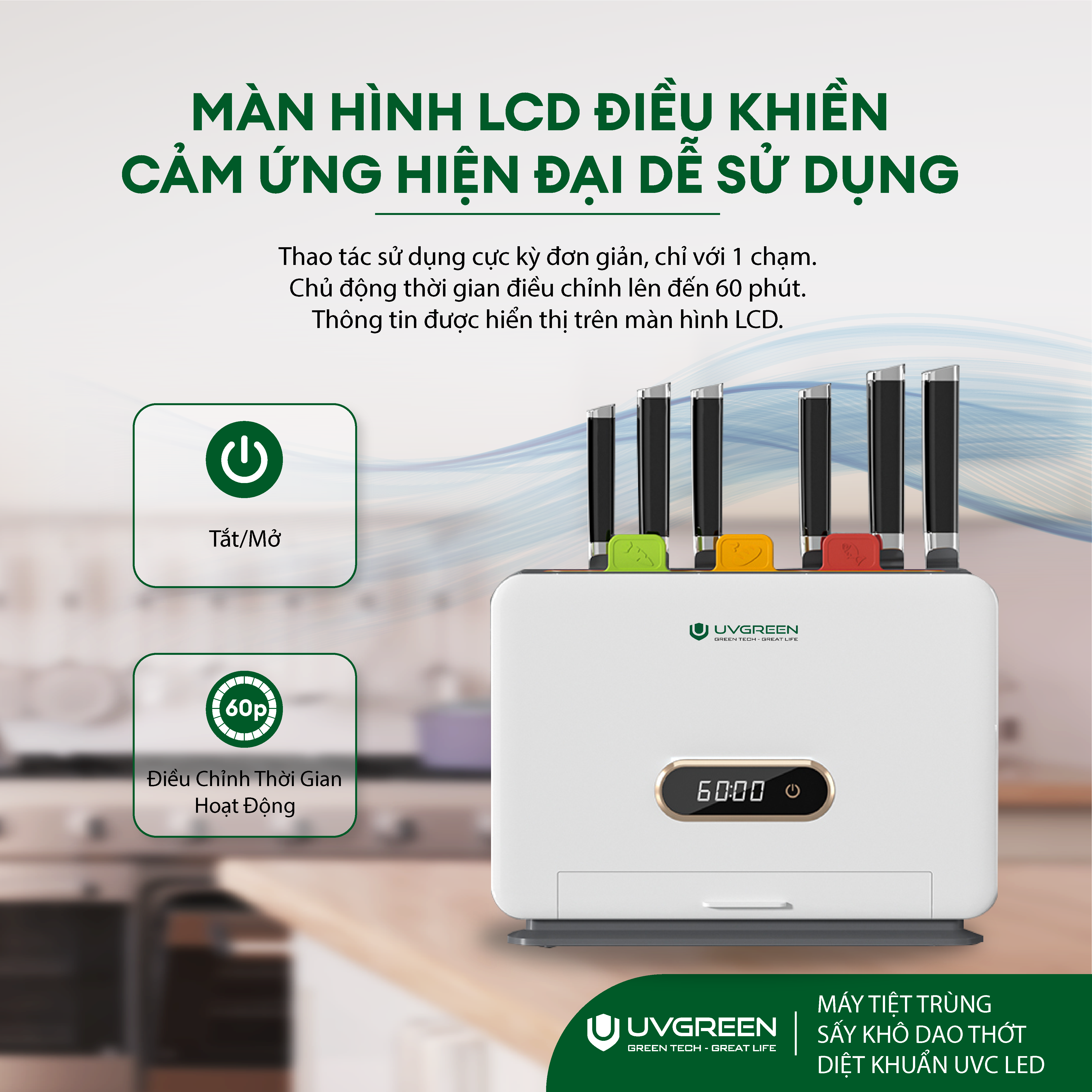 Máy tiệt trùng sấy khô dao thớt UVGREEN KK100 - HÀNG CHÍNH HÃNG - Sấy Khô 70’C - Khử khuẩn UVC 99.99% - Công Nghệ Mỹ - Bảo Hành 12 Tháng