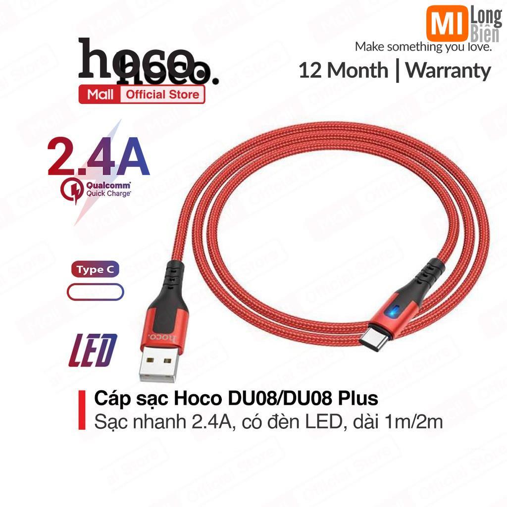 Cáp sạc Hoco DU08/DU08 Plus Type-C USB, hỗ trợ sạc nhanh 2.4A, dây bọc dù chống đứt, gập, có đèn LED báo sạc dài 1m/2m