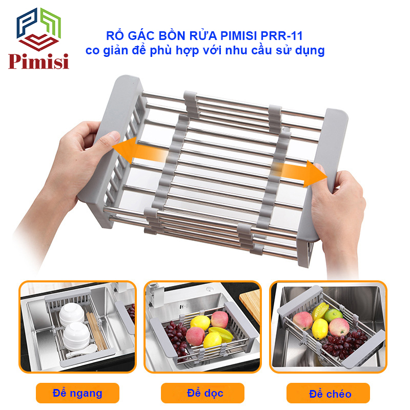 Kệ Inox Gác Bồn Rửa Chén Pimisi PRR-11 Với Tay Cầm Bằng Nhựa Và Khay Inox 304 Thiết Kế Hình Chữ Nhật, Góc Vuông Được Bo Tròn Và Rổ Kéo Điều Chỉnh Độ Dài Co Giản Để Úp Bát Đĩa - Rau Củ Quả Phù Hợp Với Nhiều Chậu Rửa Bát Trong Nhà Bếp | Hàng Chính Hãng