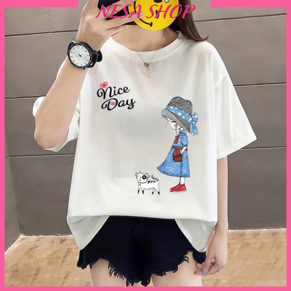 Áo phông tay lỡ, chất liệu thun cotton co giãn, áo unisex in hình cô gái, chữ Nice Day, Áo thun nam nữ form rộng
