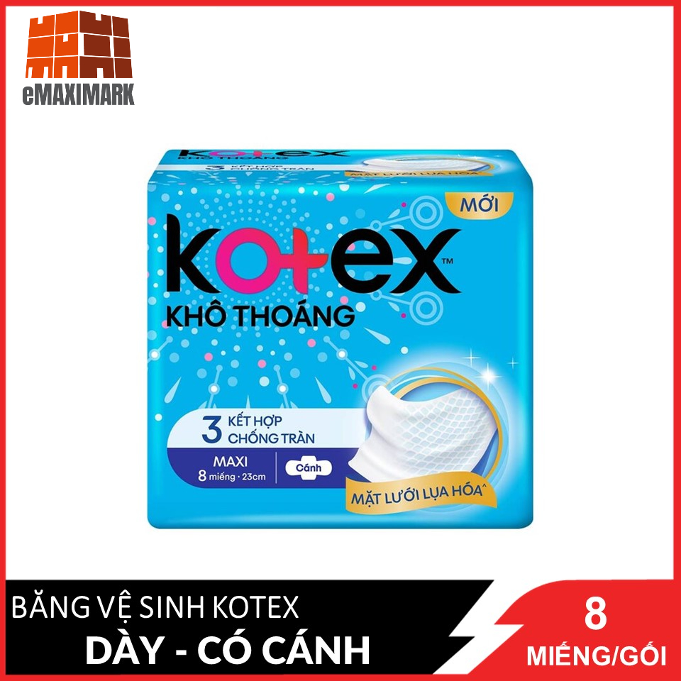 Băng Vệ Sinh Maxi 23cm Kotex Khô Thoáng Kết Hợp 3 Chống Tràn 8 miếng