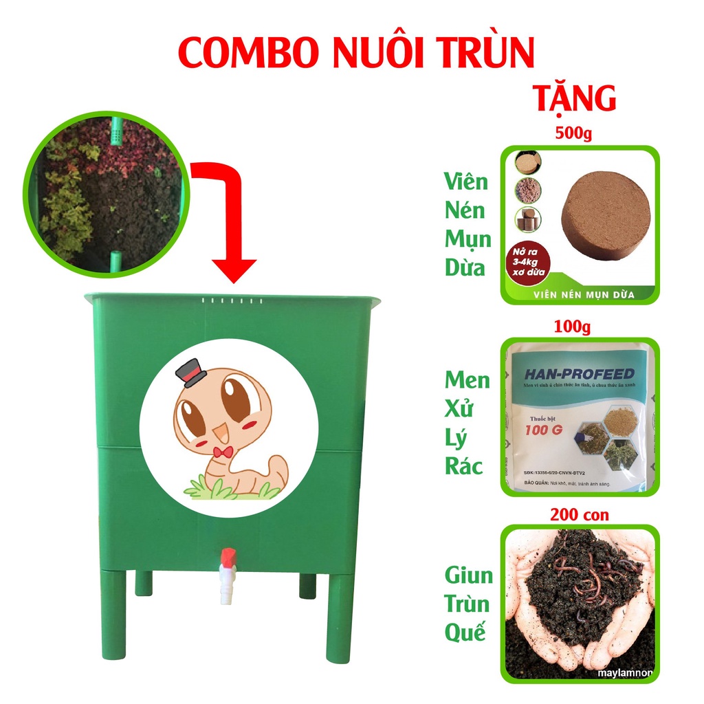 THÙNG NUÔI GIUN QUẾ XỬ LÝ RÁC THẢI ECO: Kèm 200 giun + Men ủ rác + chất nền.