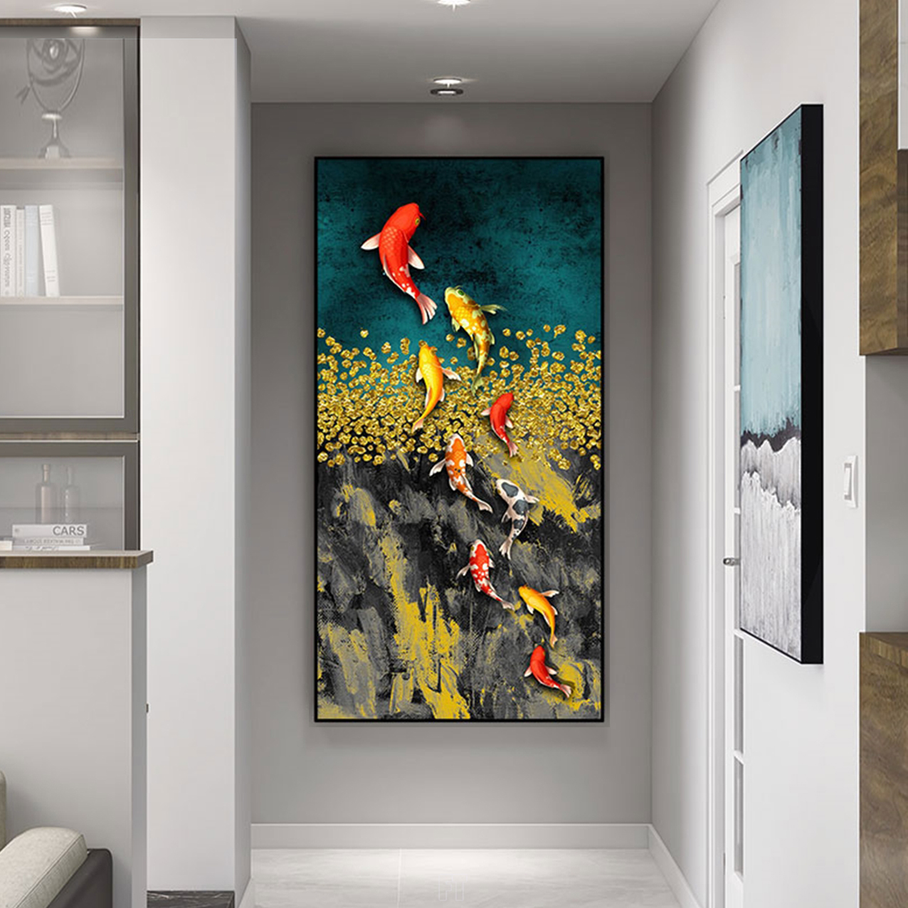 Tranh Canvas Treo Tường Hiện Đại - Tranh Chín Con Cá Chép Bên Hoa Sen