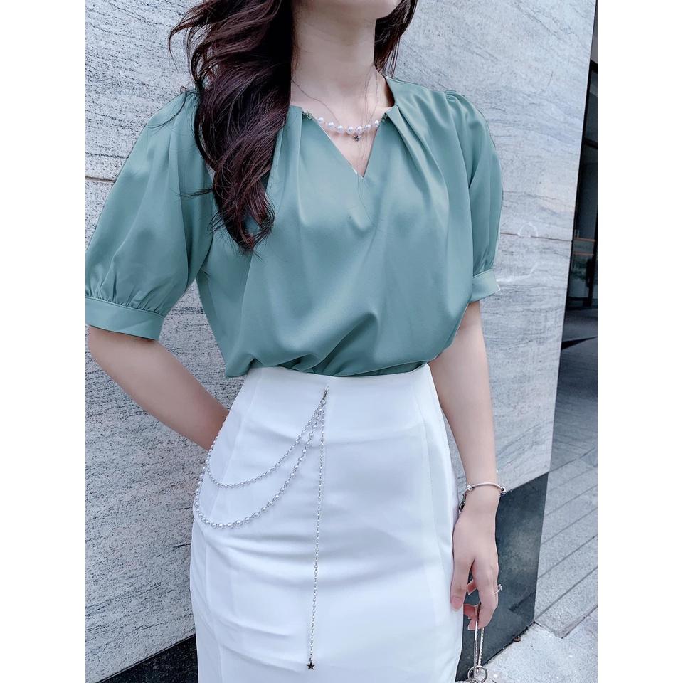 Áo sơ mi kiểu nữ cổ V đính VÒNG NGỌC tay lửng sang trọng