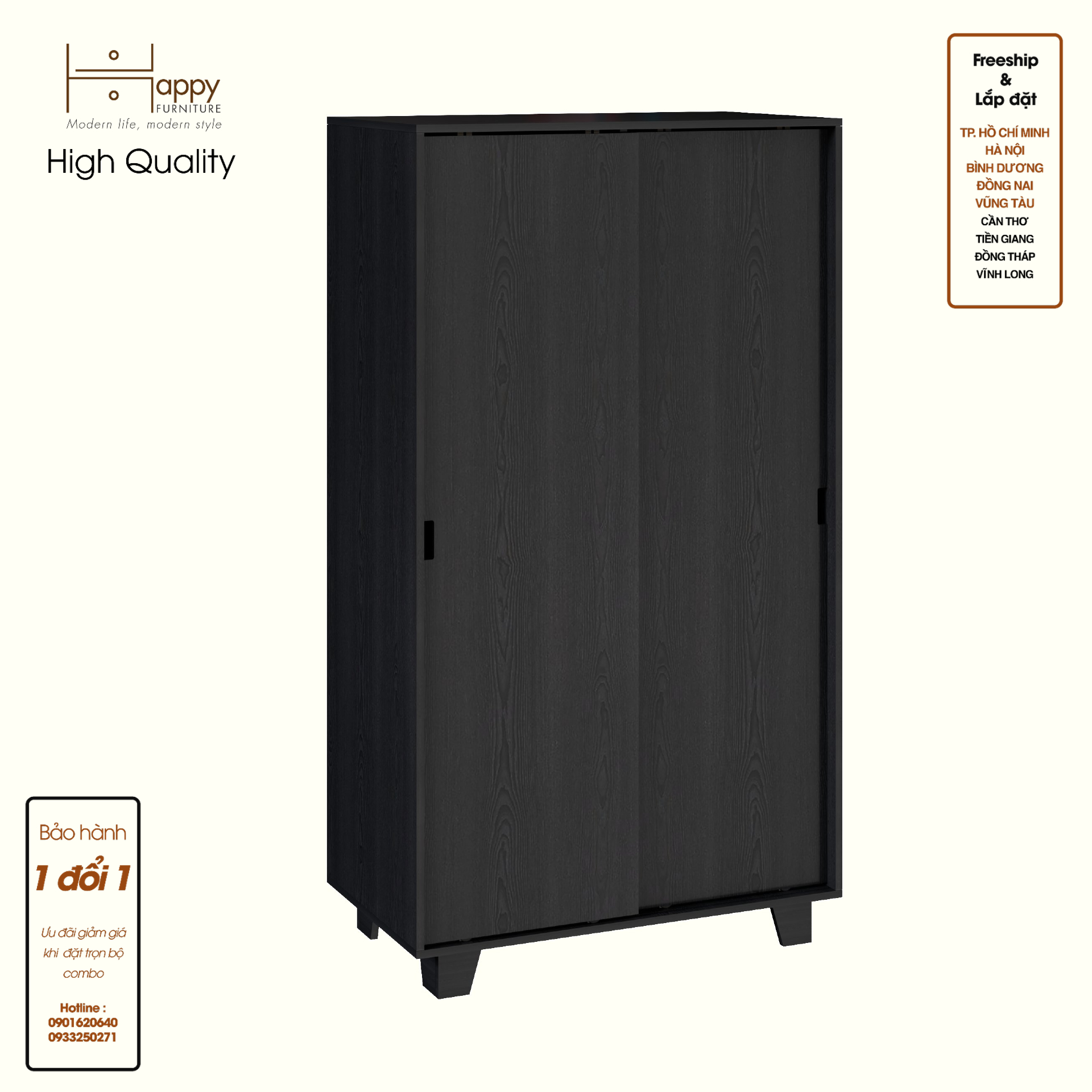 HAPPY FURNITURE , ALVA - Tủ quần áo 2 cửa lùa, TCL_041 , 100cm x 54cm x 180cm DxRxC