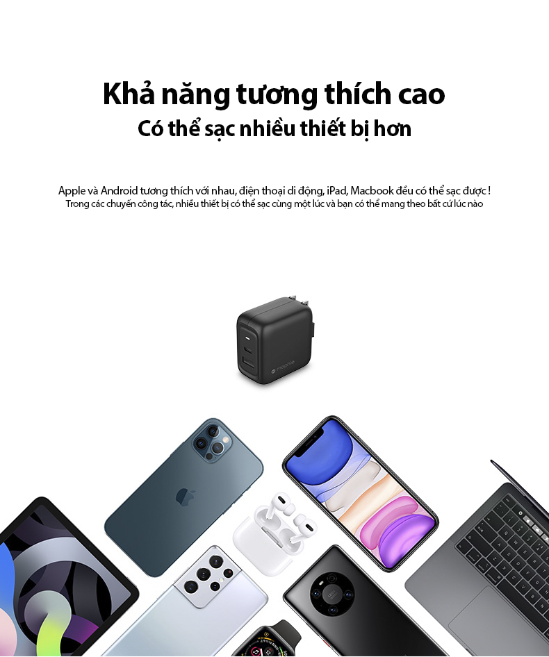 củ sạc mophie 65W GaN Type C + USB - Hàng chính hãng