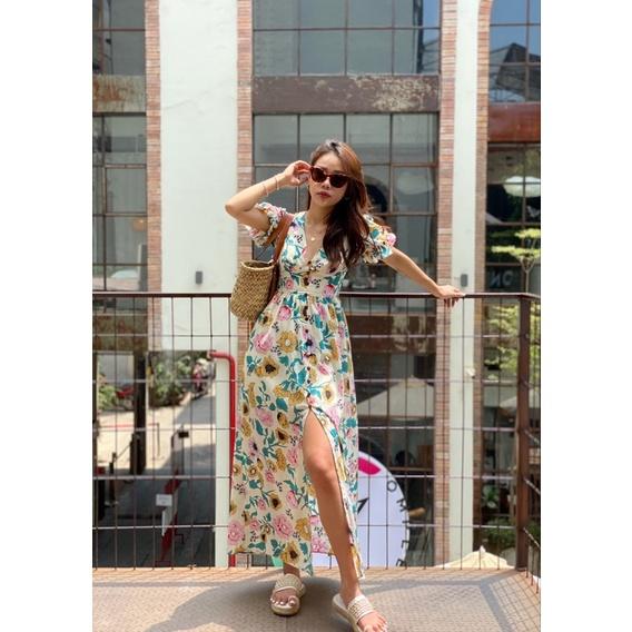 Đầm Maxi xẻ trước hoạ tiết nhiệt đới Lauren dress