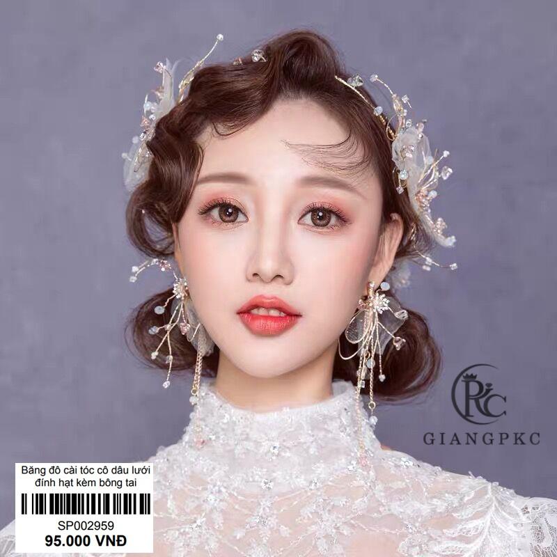 Băng đô cài tóc cô dâu lưới đính hạt kèm bông tai Sp002959 Giangpkc