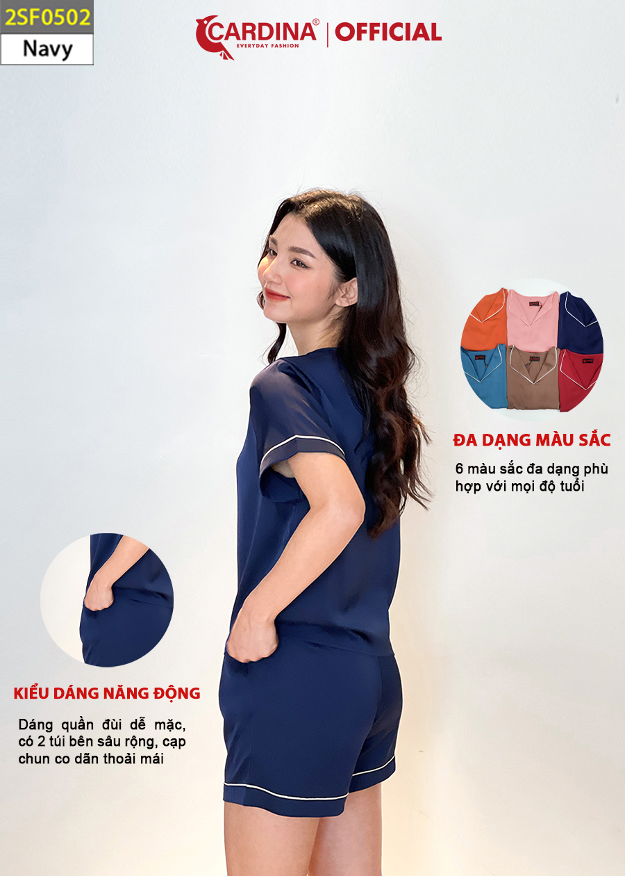 Đồ Bộ Nữ CARDINA Chất Lụa Satin Nhật Cao Cấp Áo Cộc Tay Cổ Bẹt Vai Quần Đùi Kẹp Viền Lé 2SF05
