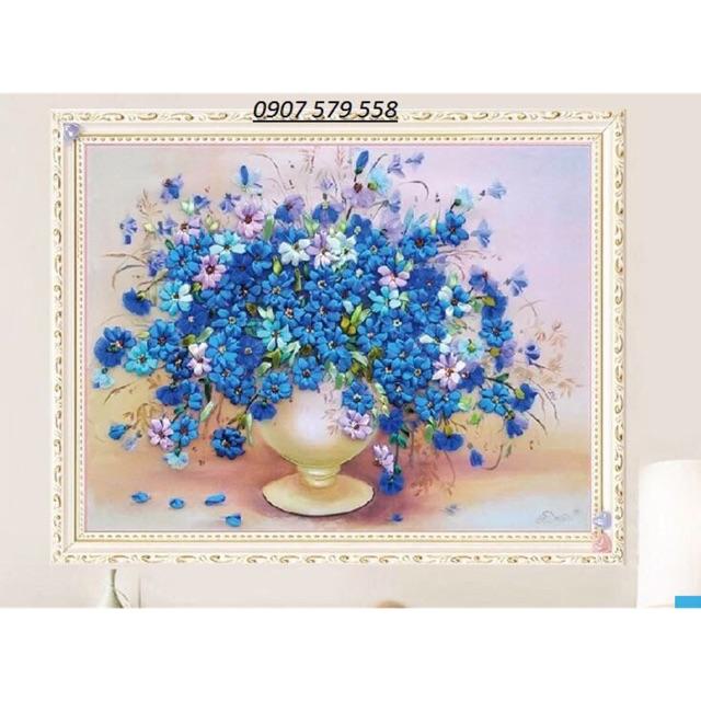 Tranh thêu bình hoa h0825 kt 57x43 cm THÊU KÍN CHỈ LỤA