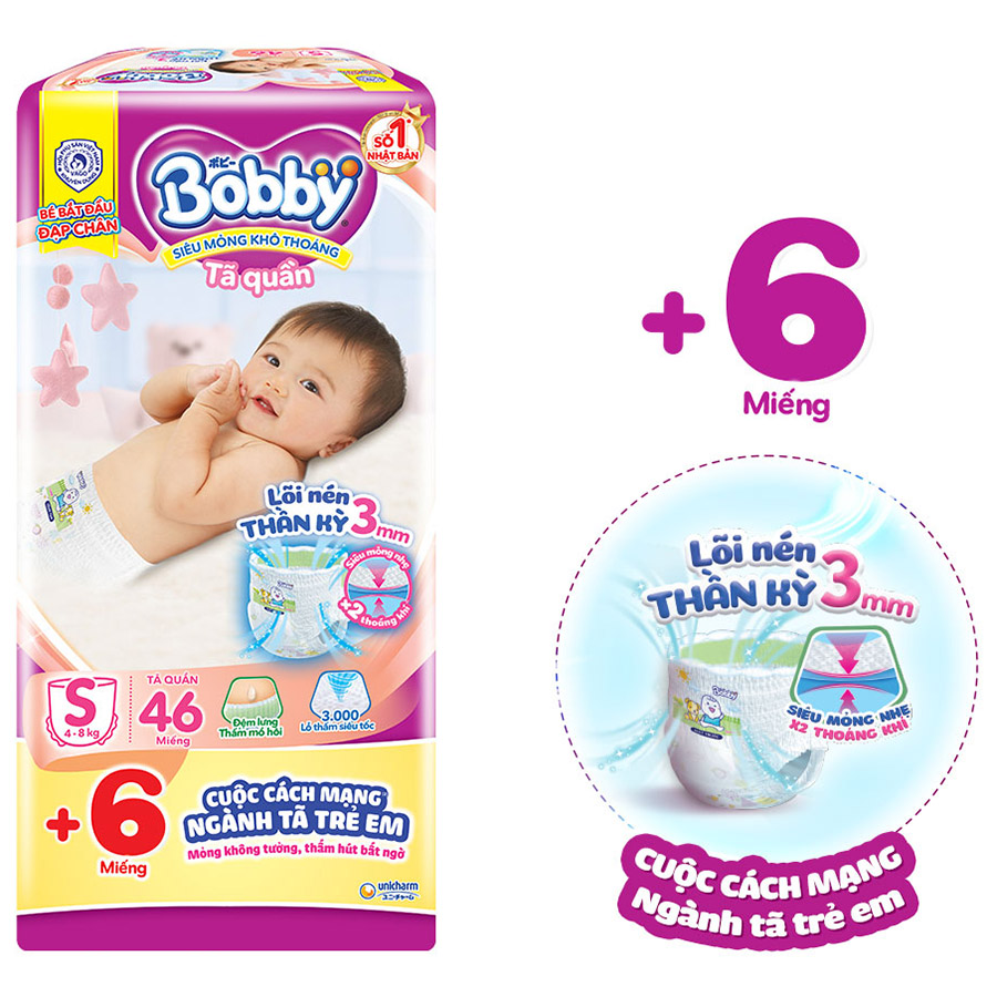 Tã Quần Bobby - Lõi Nén Thần Kỳ S46 (46 Miếng) Tặng 6 Miếng Tã Quần Size S