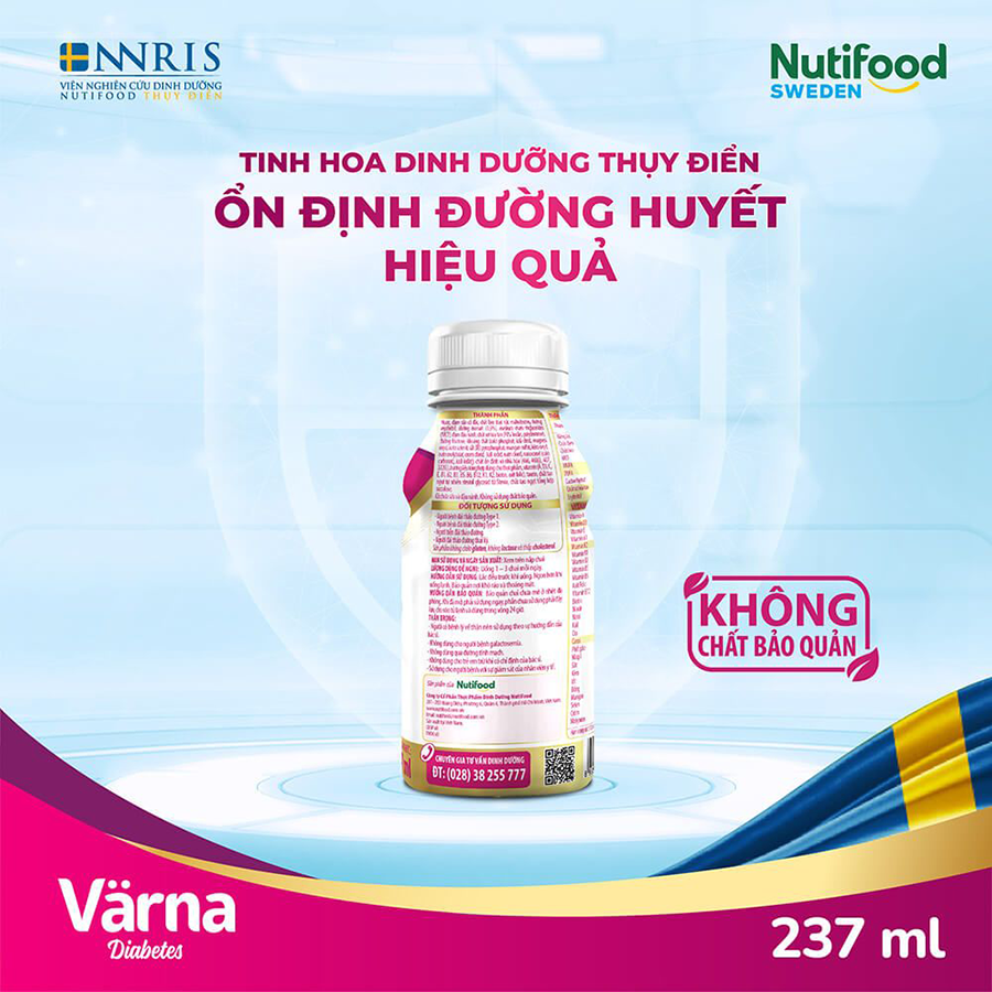 Thùng sữa bột pha sẵn Värna Diabetes - Ổn định đường huyết (GI = 26,9) (24 chai x 237ml) - Varna