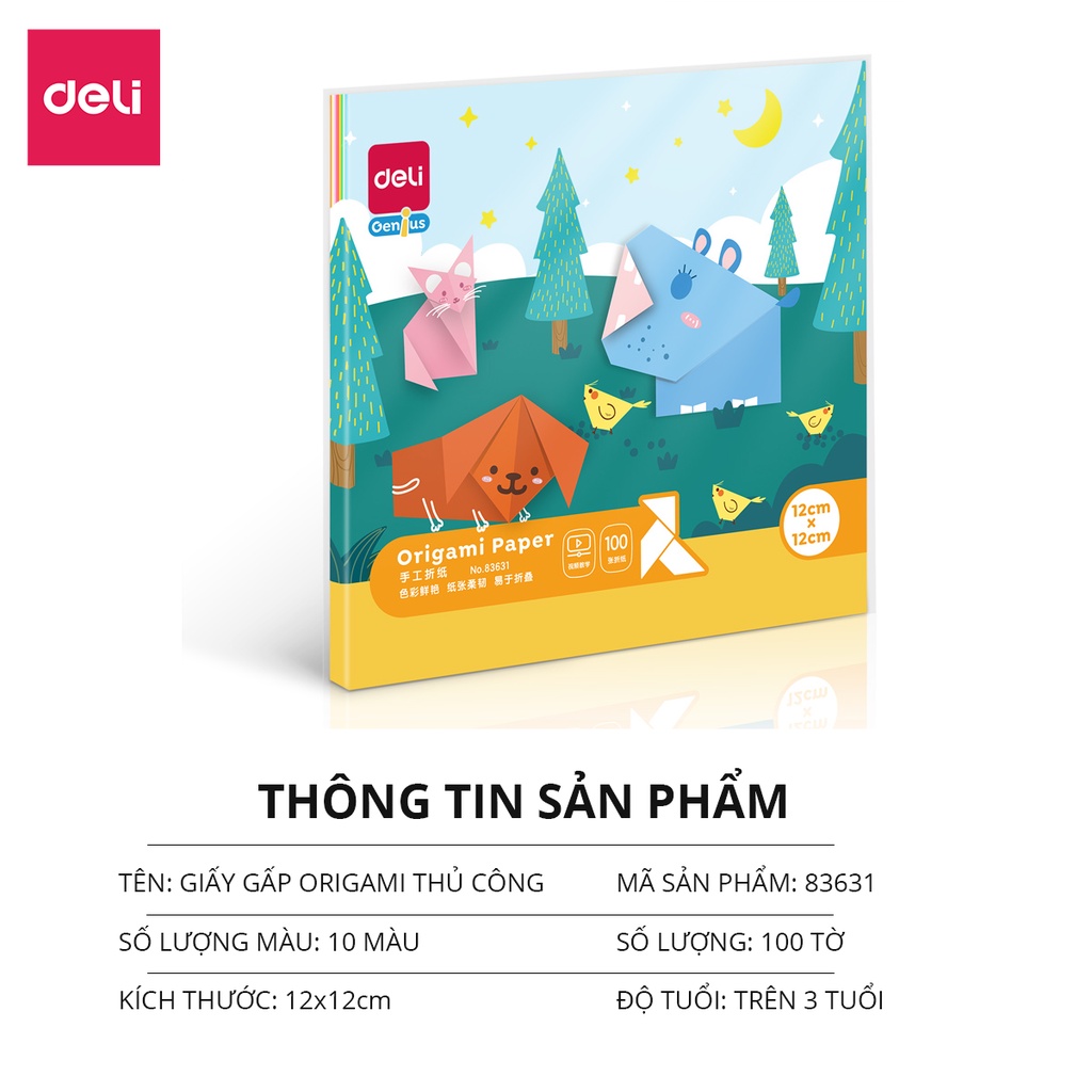 Giấy Thủ Công 100 Tờ Học Sinh Nhiều Kích Cỡ Deli - Giấy Gấp Origami, Giấy Gấp Hạc Hoa Động Vật - Đồ Chơi Giáo Dục Khéo Tay Cho Bé - 83631 / 83632 / 83633 / 83634