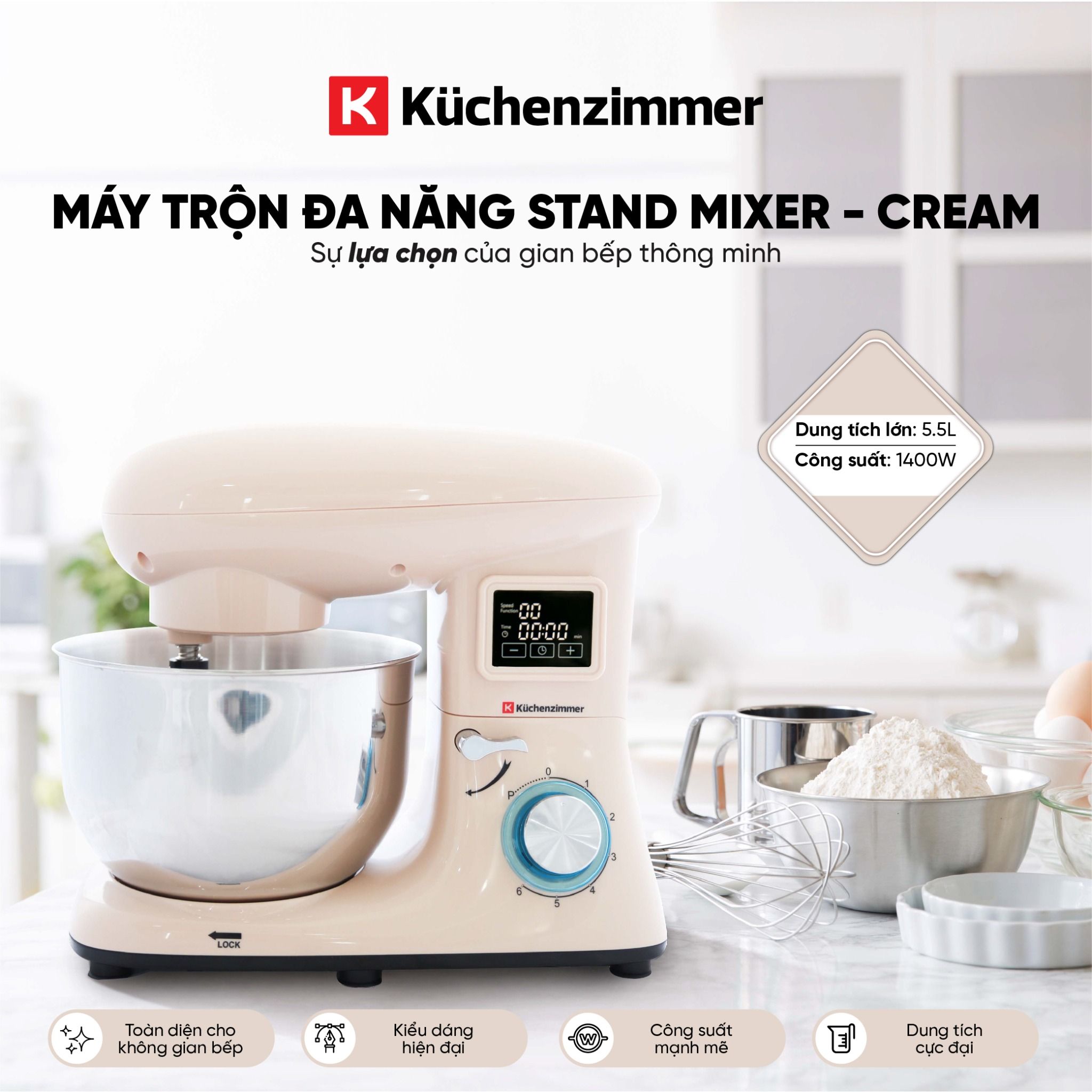 Máy trộn đa năng Kuchenzimmer STAND MIXER Cream - Hàng chính hãng