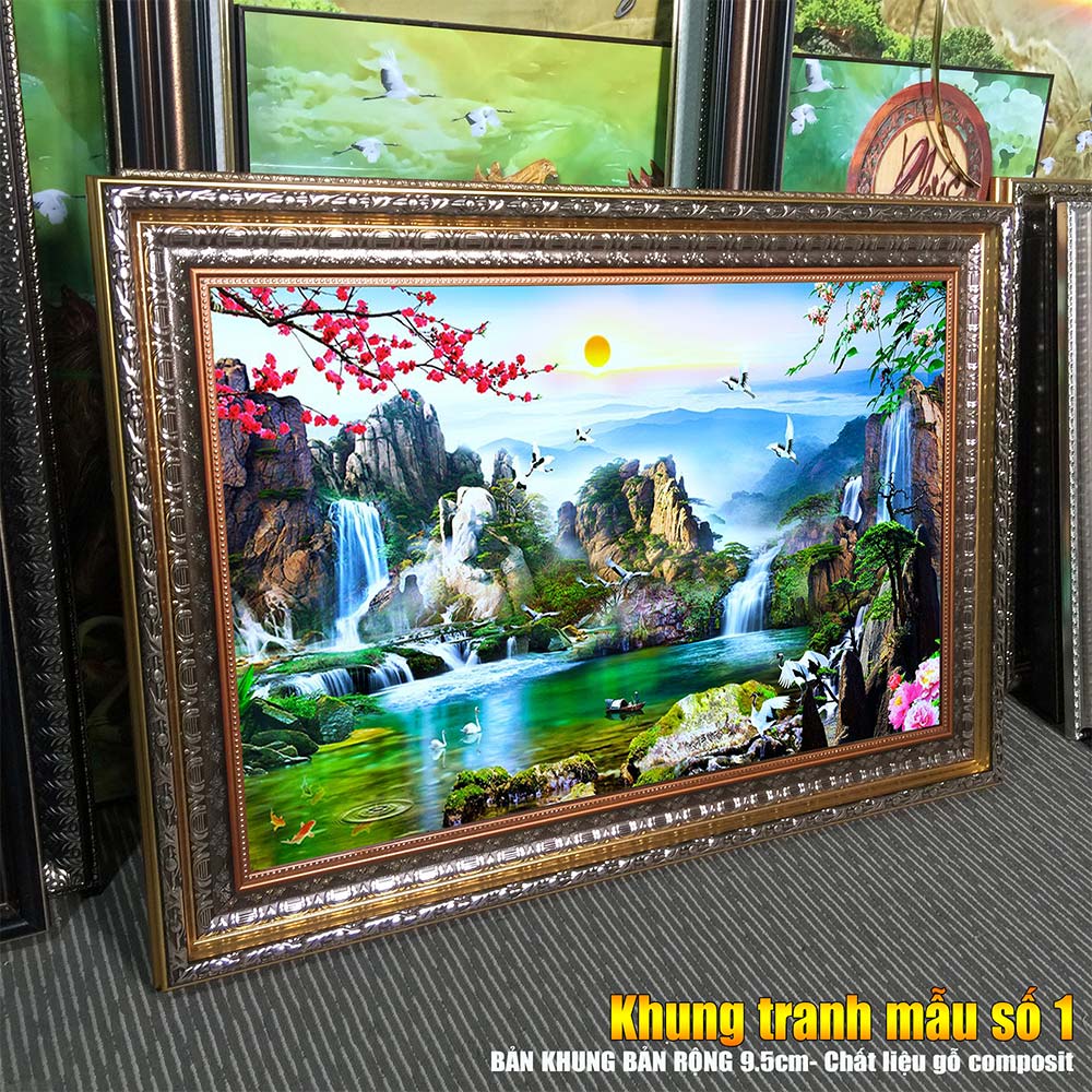 Tranh treo tường phòng khách, phòng ngủ SƠN THỦY HỮU TÌNH khung gỗ composit chất liệu pvc gương / lụa kim sa. MS:1825L9