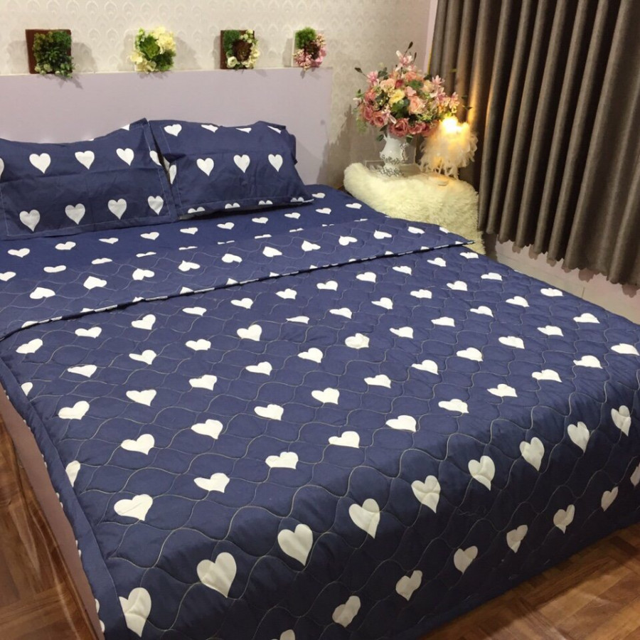 Bộ Chăn Ga Gối Cottong Poly Hè Thu 5 Món Tim Ghi
