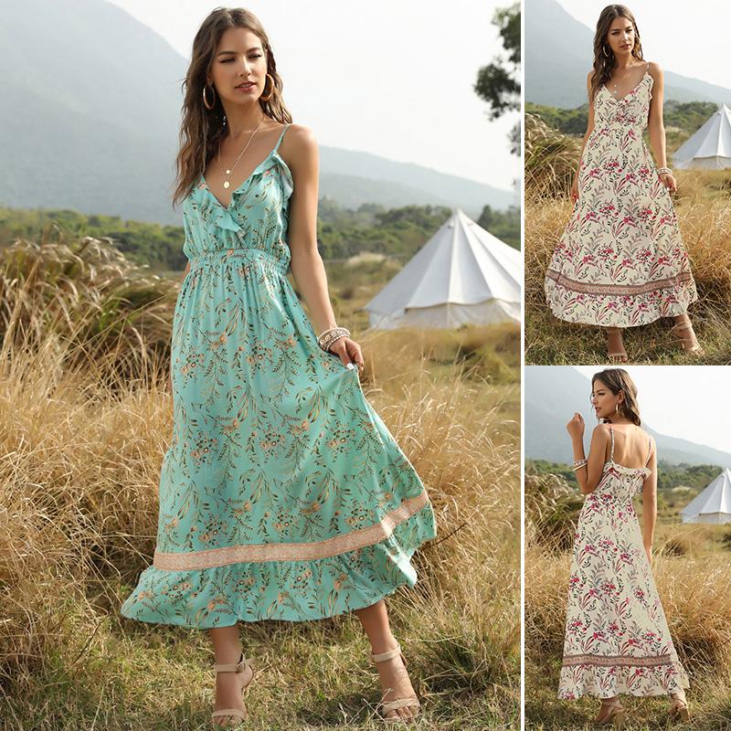 Boho Women Dress Floral Print Deep V Neck Spaghetti Strap Sleeveless High Waist Backless Ruffle Maxi Beach One-piece