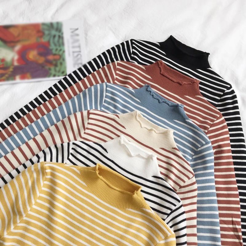 Áo Sweater Dệt Kim Cổ Lọ Kẻ Sọc Xinh Xắn Cho Nữ