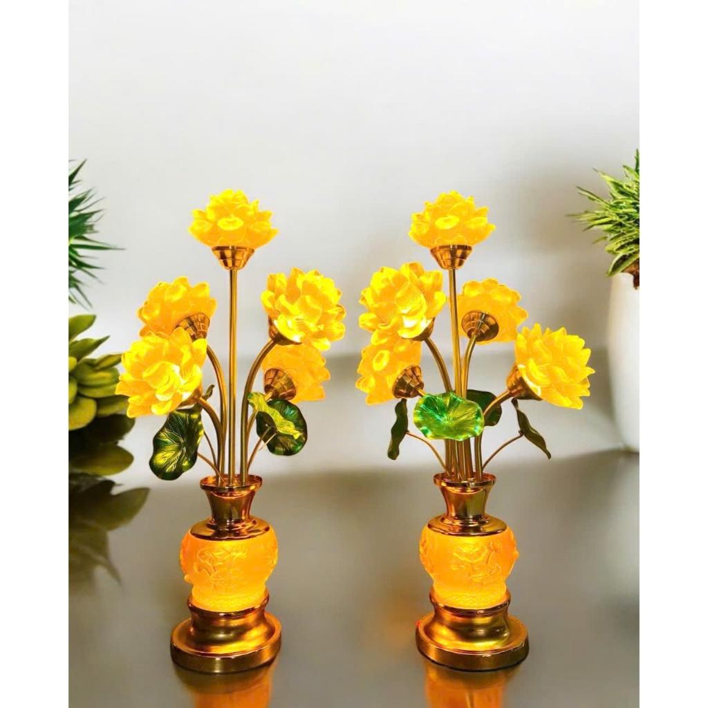 Đèn hoa sen 5 bông bình ngọc lưu ly RỒNG VIỆT, đèn sen thân hợp kim cao 55cm cao cấp