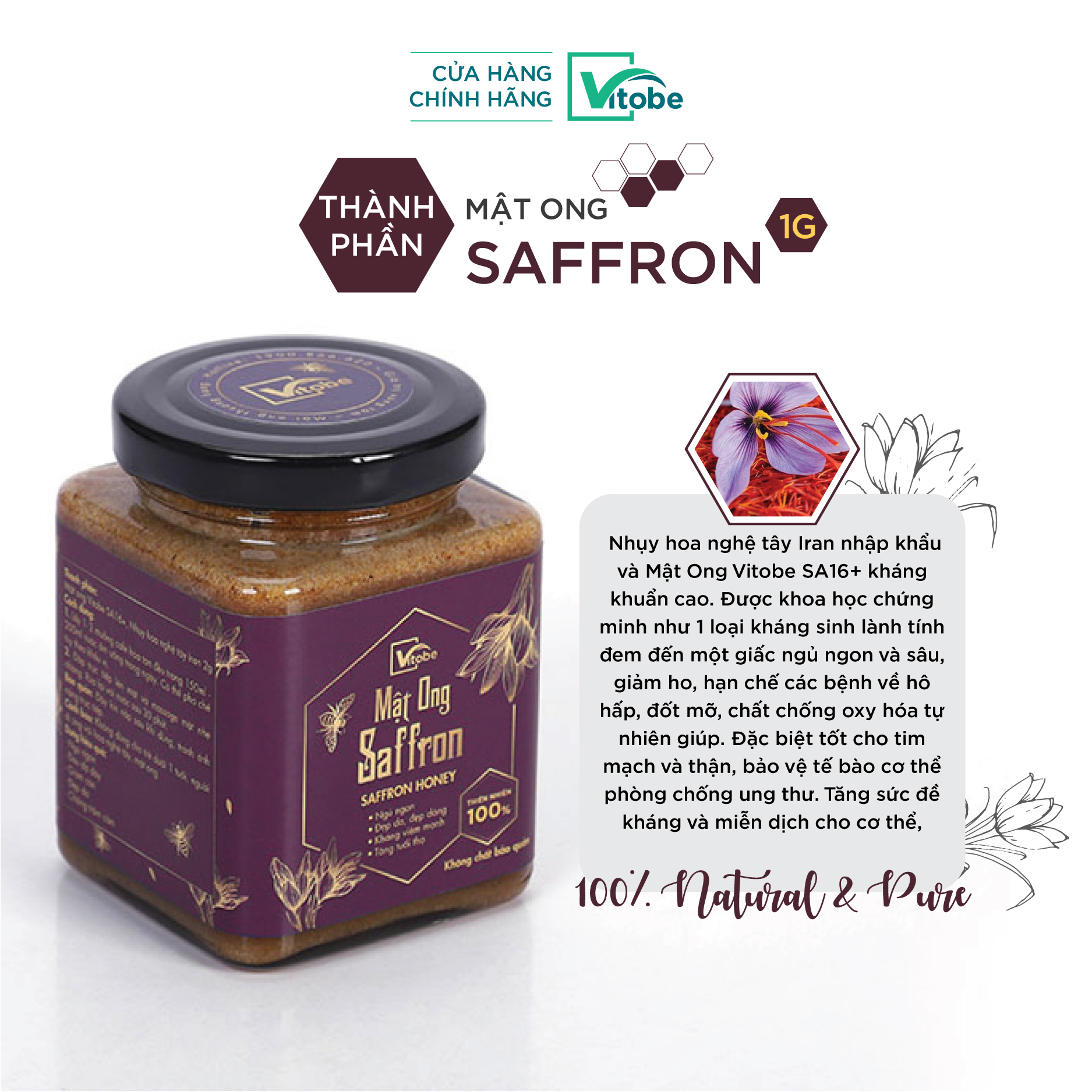 Mật Ong Saffron Vitobe (300g) nhãn hồng - Hữu Cơ 100% (TẶNG mật ong Melaleuca 300g)