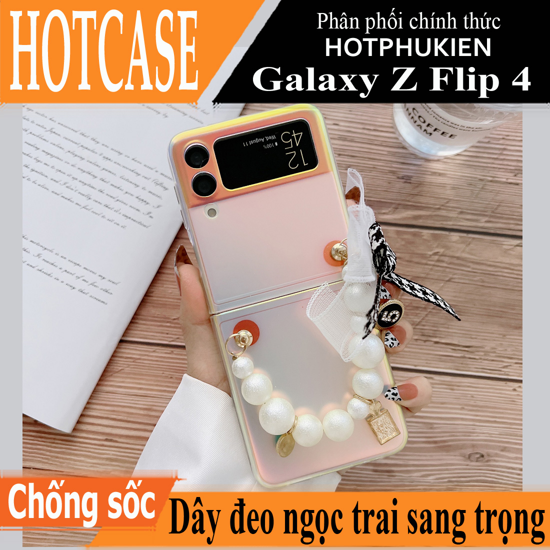 Ốp lưng chống sốc có dây đeo ngọc trai cho Samsung Galaxy Z Flip 4 hiệu HOTCASE Pearl Strap Case (chất liệu cao cấp sang trọng, thiết kế thời trang nữ tính) - Hàng nhập khẩu