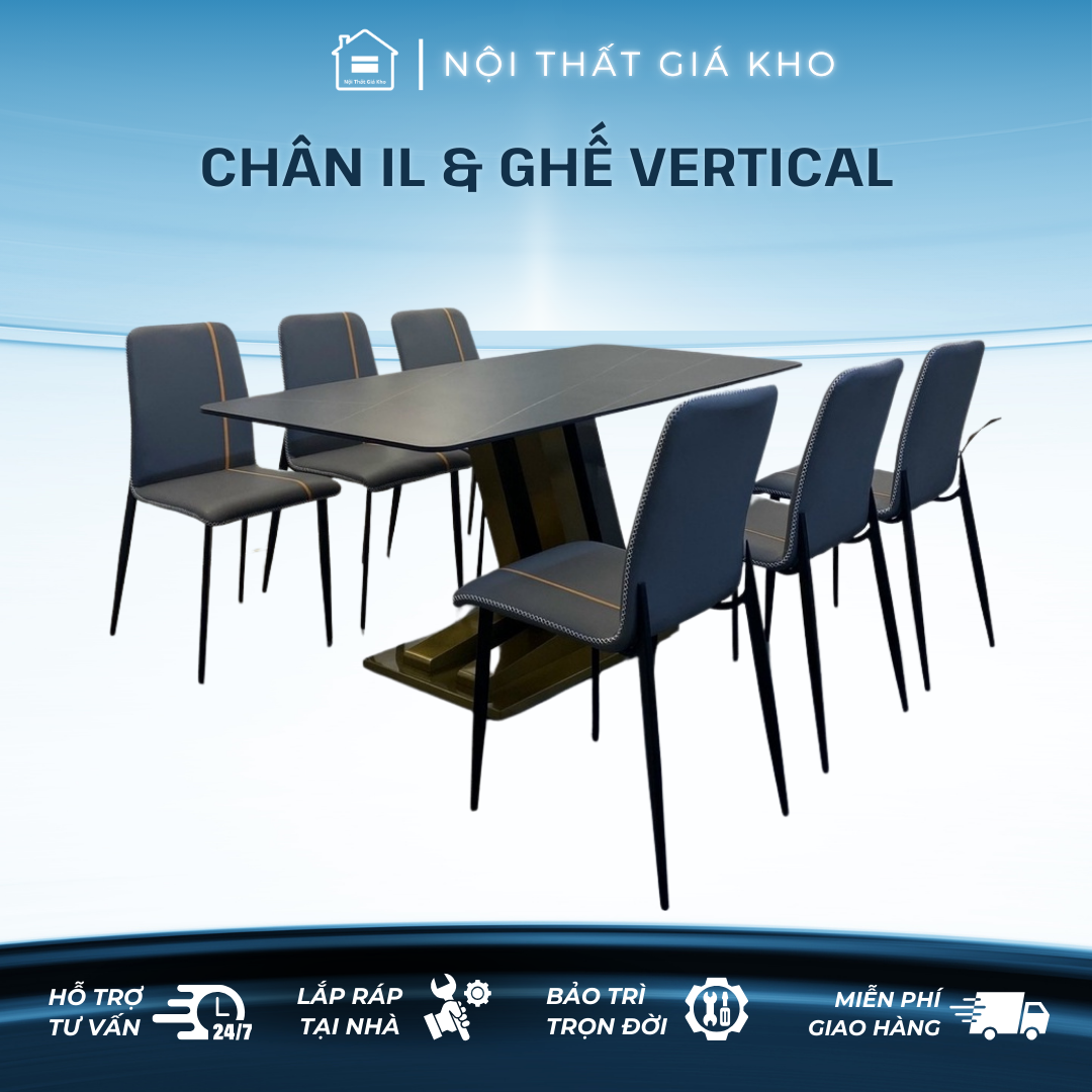 Bàn ăn mặt đá phiến chân inox mạ vàng kết hợp ghế Vertical, Bàn ăn 4 ghế 6 ghế 8 ghế nhập khẩu