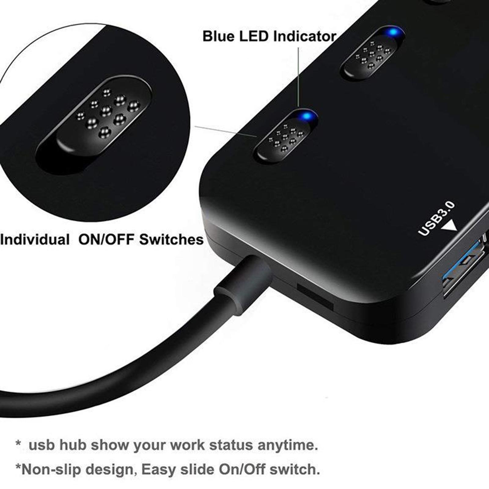 Powered USB 3.0 Hub, 4 Port USB Hub Splitter Portable USB Data Hub Expander with Individual on/Off Switch, USB 3.0 Cable