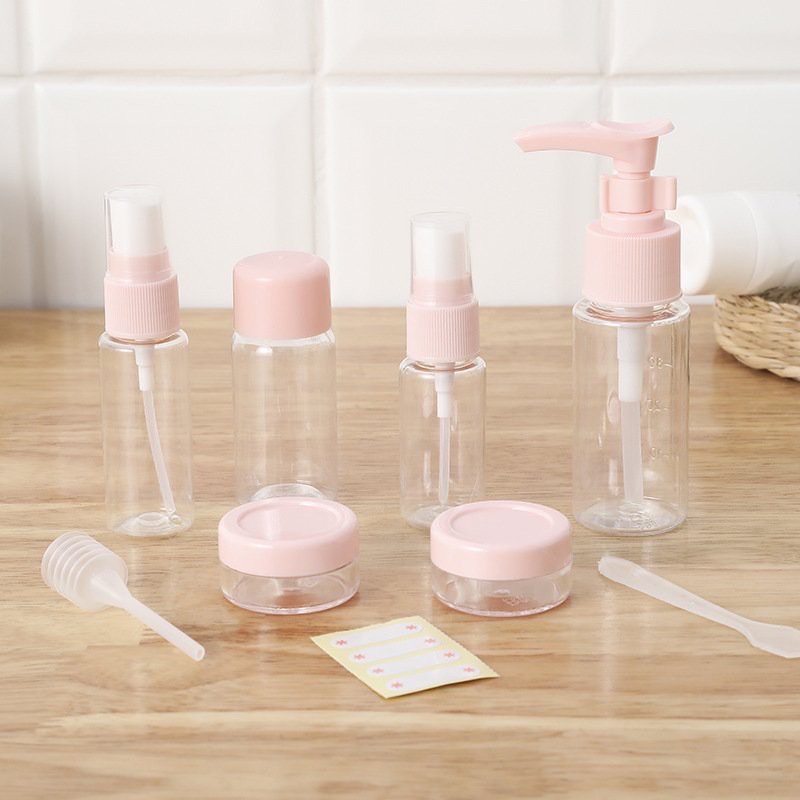 Combo chiết mỹ phẩm 5 -7 món với nhiều kích thước khác nhau ,kèm bộ nhãn dán ghi chú trên chai lọ ,có túi zip tiện dụng khi đi dã ngoại , công tác