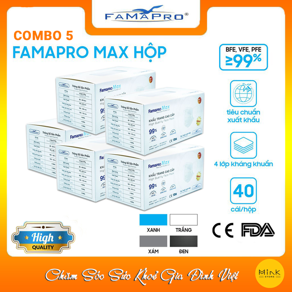 HỘP – FAMAPRO MAX – Khẩu trang y tế kháng khuẩn 4 lớp Famapro Max 40 cái hộp – COMBO 5 HỘP – TRẮNG