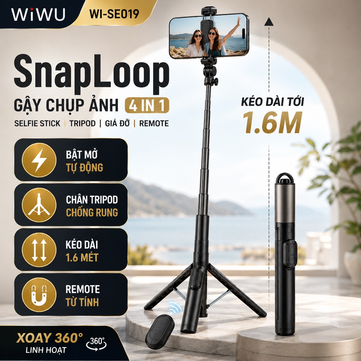 Gây chụp hình selfie AI thông minh chống rung hiệu WIWU WI-SEO19 SNAPLOOP - TRIPOD 1 CHẠM, KÉO DÀI 1.6M, REMOTE TỪ TÍNH Cho iPhone Samsung Oppo Huawei Z Fold Flip - Hàng nhập khẩu
