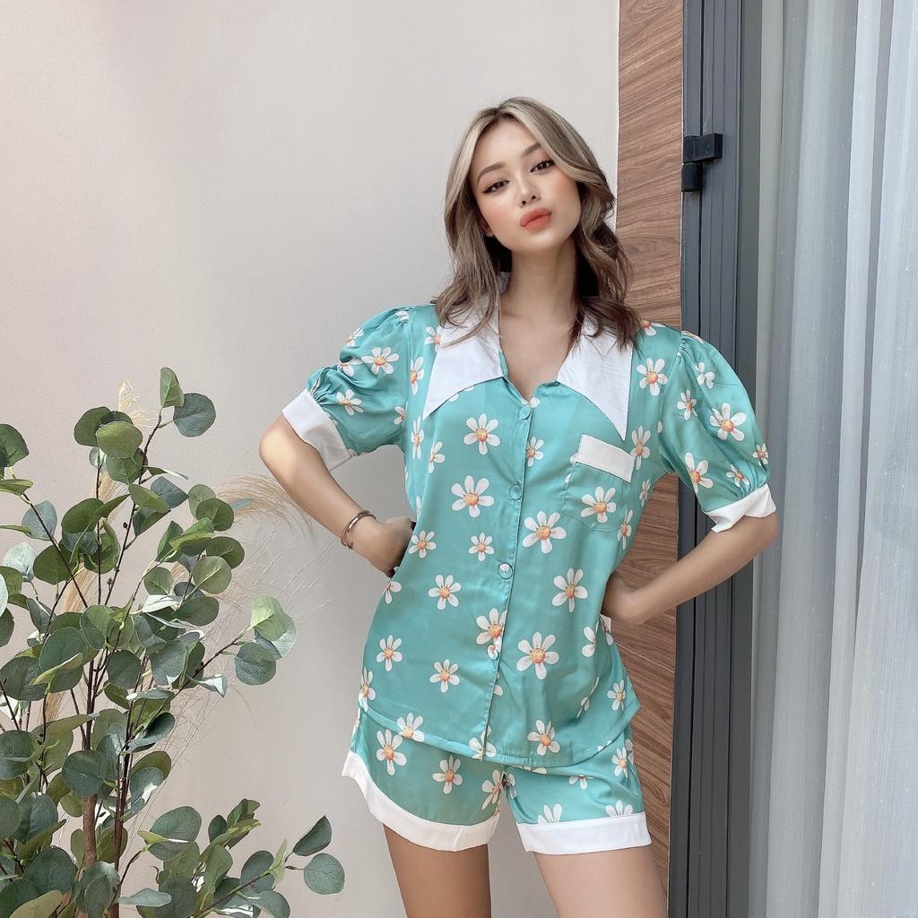 Bộ Lụa Đùi Tay Phồng Họa Tiết Mặc Nhà