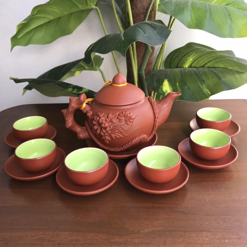 Bộ ấm chén trà Tử sa Bát Tràng Hoa Phù Dung đỏ 400ml