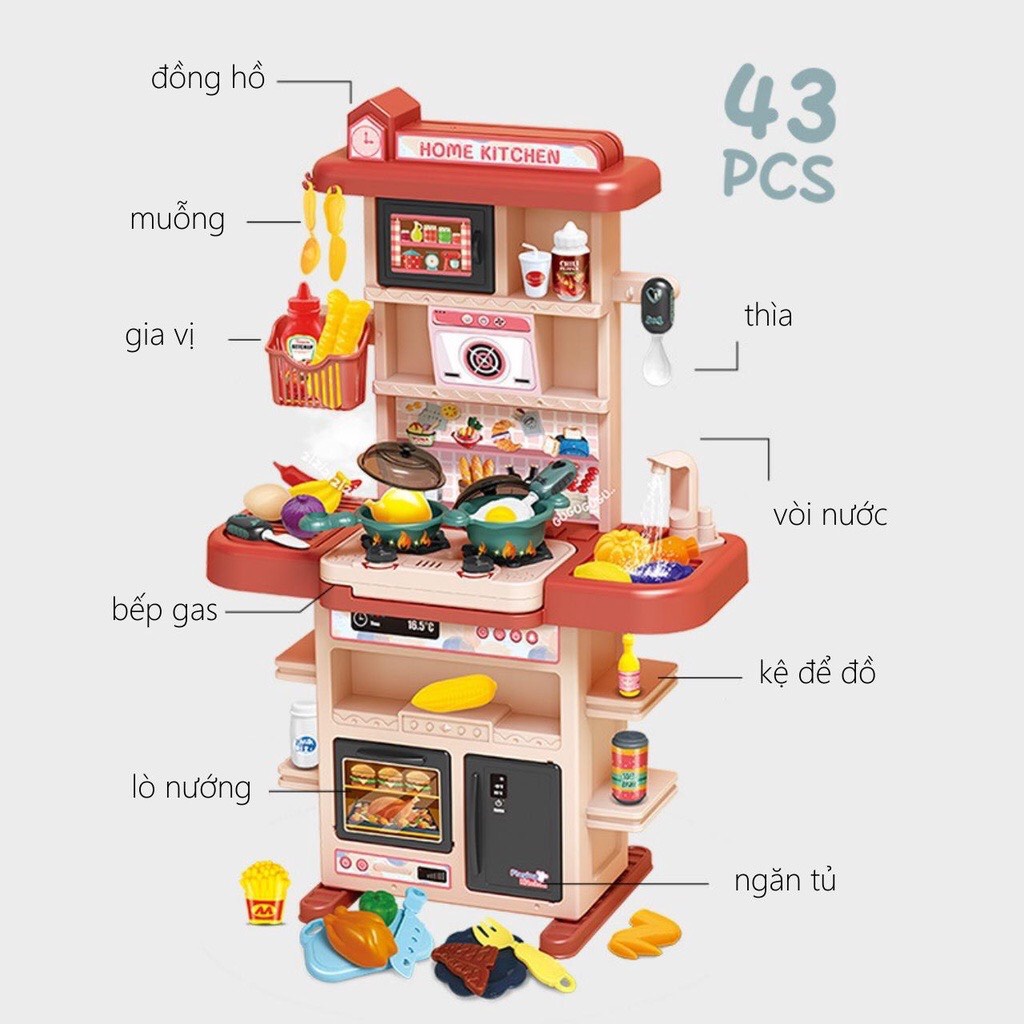 Bộ đồ chơi nhà bếp 43 chiếc Bếp mô phỏng 75CM với Hiệu ứng hơi nước mô phỏng thực tế và Âm thanh phát sáng trong nhà bếp