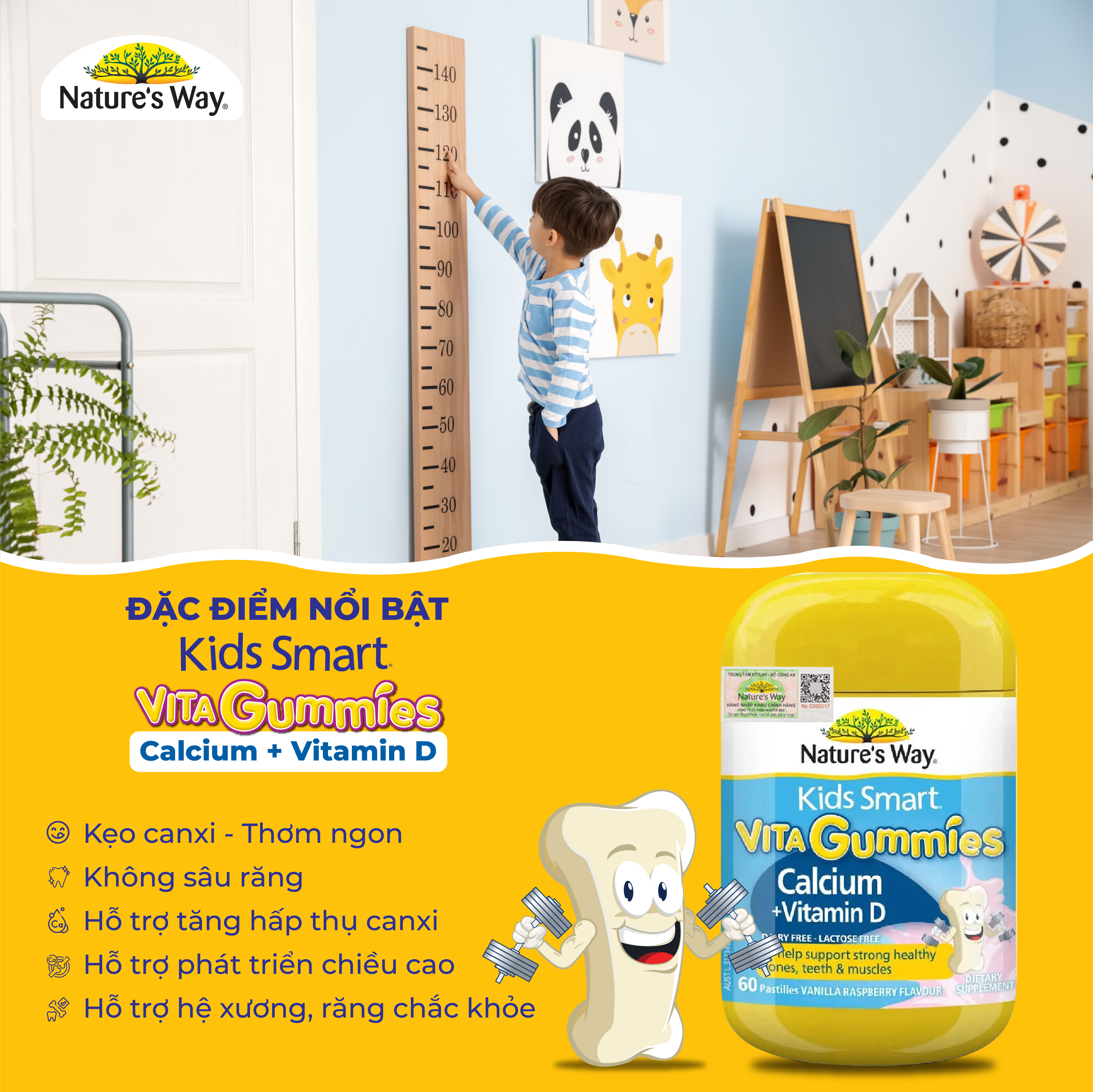 Kẹo Dẻo Vi Chất Cho Bé Nature’s Way Kids Smart Vita Gummies Calcium + Vitamin D Hỗ Trợ Phát Triển Chiều Cao 60 Viên