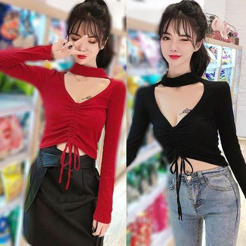 Áo thun nữ tay dài cổ chữ V phong cách Hàn Quốc