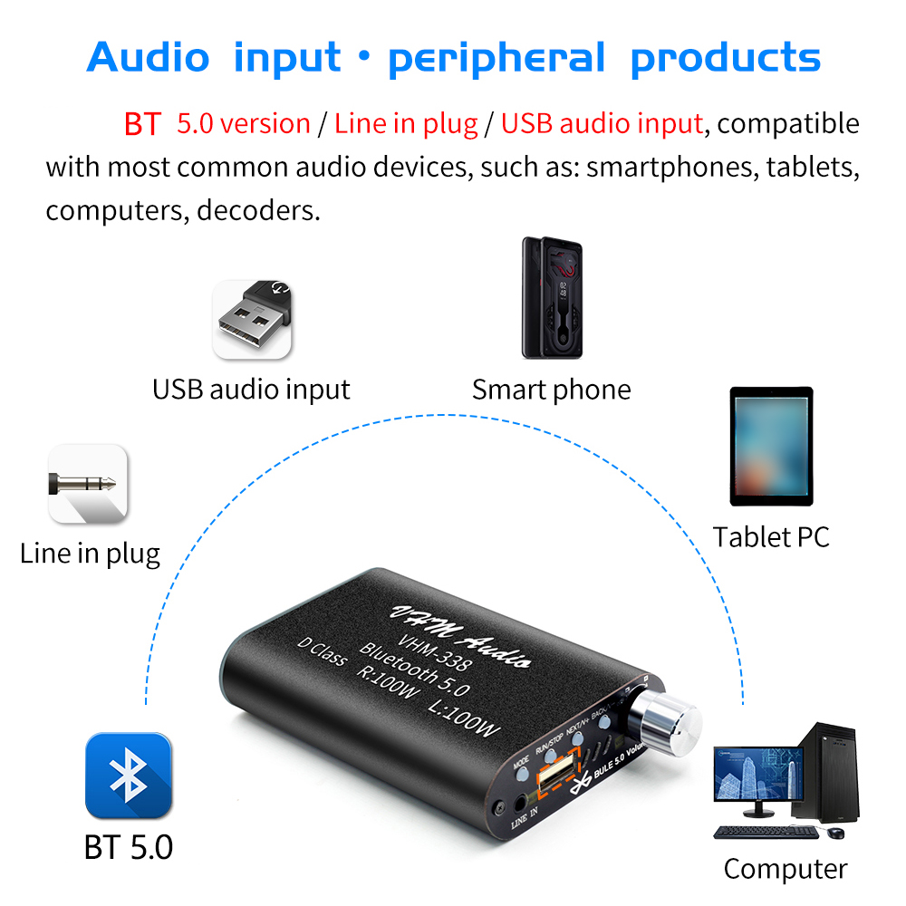 Bộ Thu Âm Không Dây Vhm338 Bluetooth 5.0 Âm Thanh Nổi HiFi Công Suất 100w + Bộ Khuếch Đại Âm Thanh Trên Ô Tô 100w