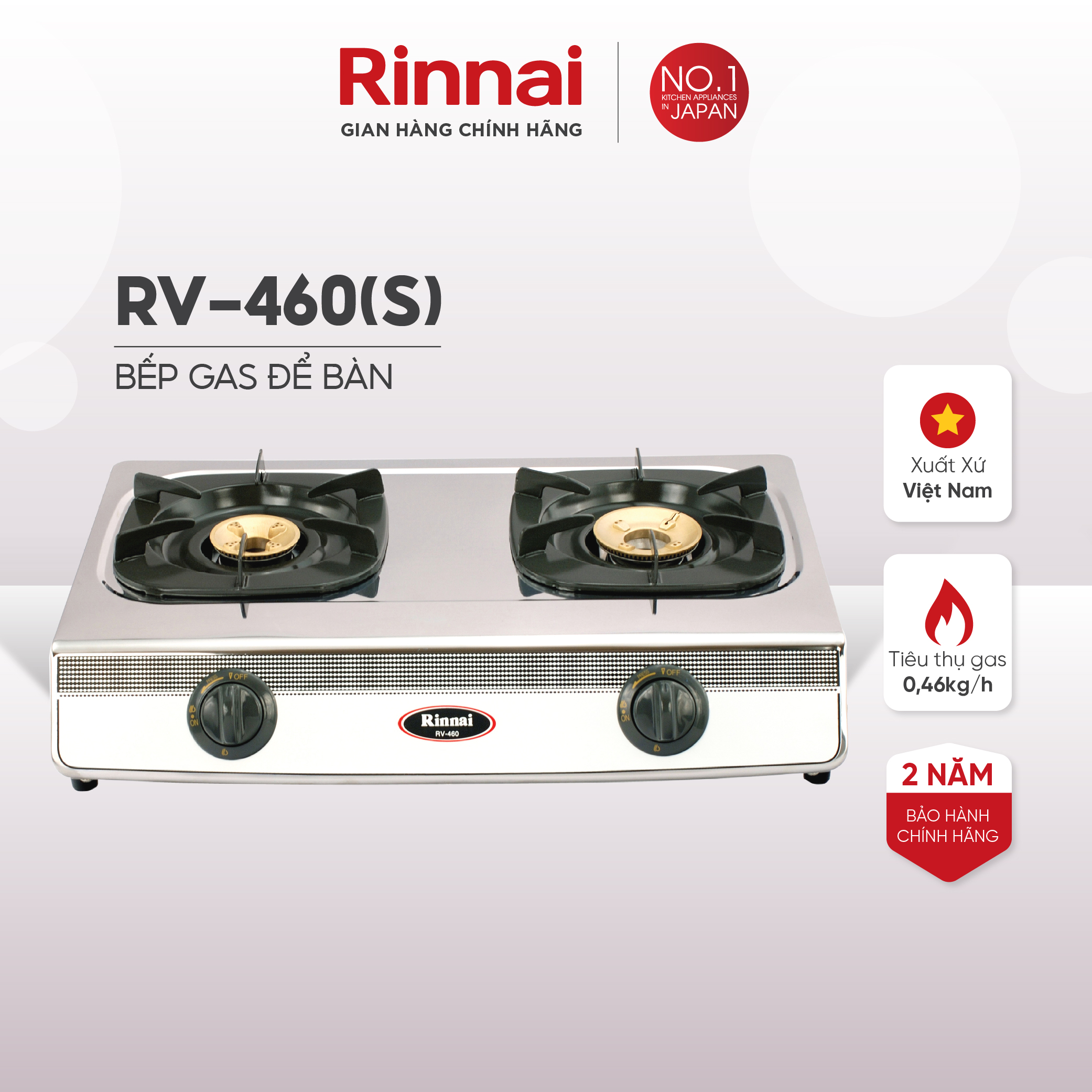 Bếp gas dương Rinnai RV-460(S) mặt bếp inox và kiềng bếp men - Hàng chính hãng.