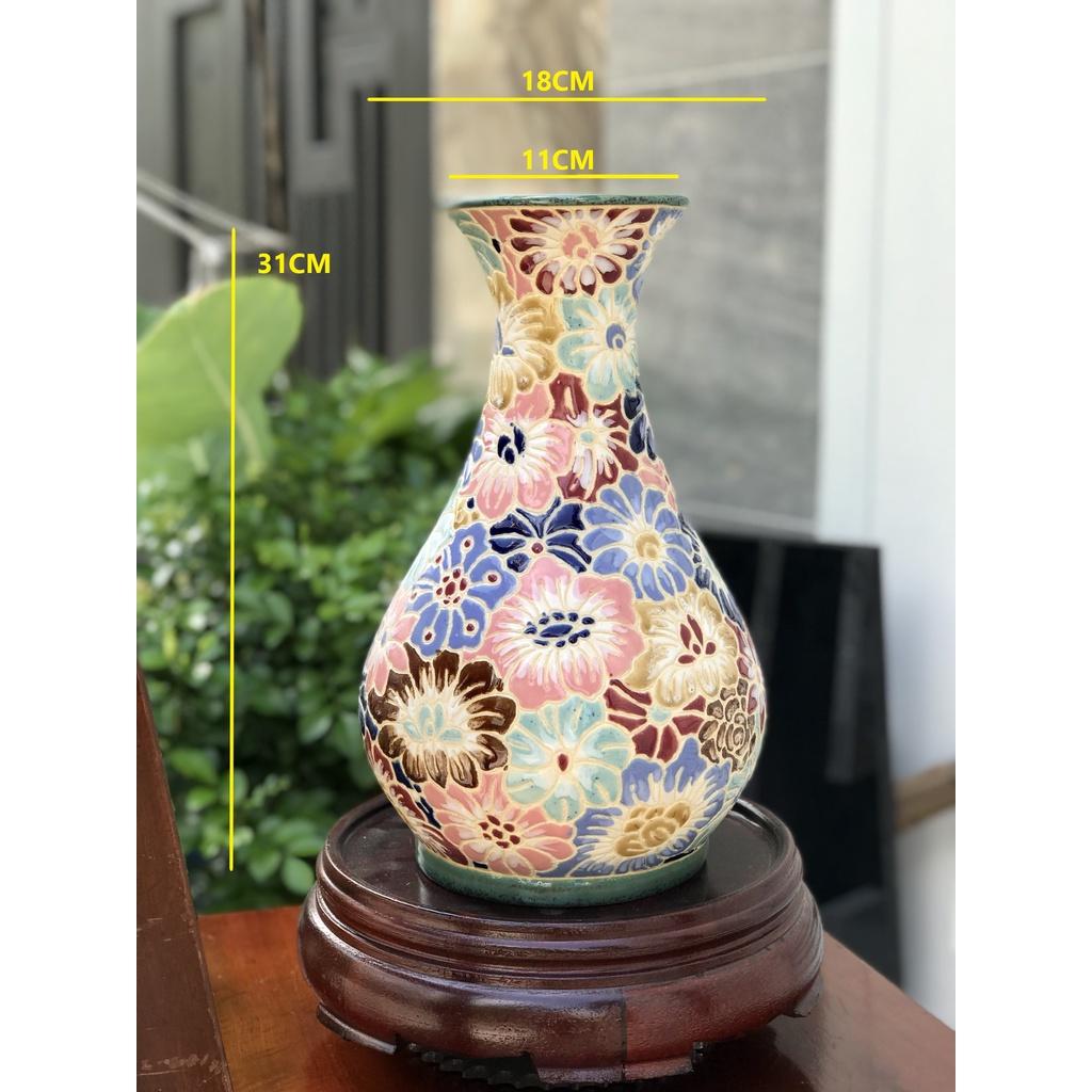 BÌNH BÁCH HOA VÀ HOA SEN TỲ BÀ 31CM GỐM SỨ THỦ CÔNG NAM BỘ CẮM BÔNG TRANG TRÍ DECORR