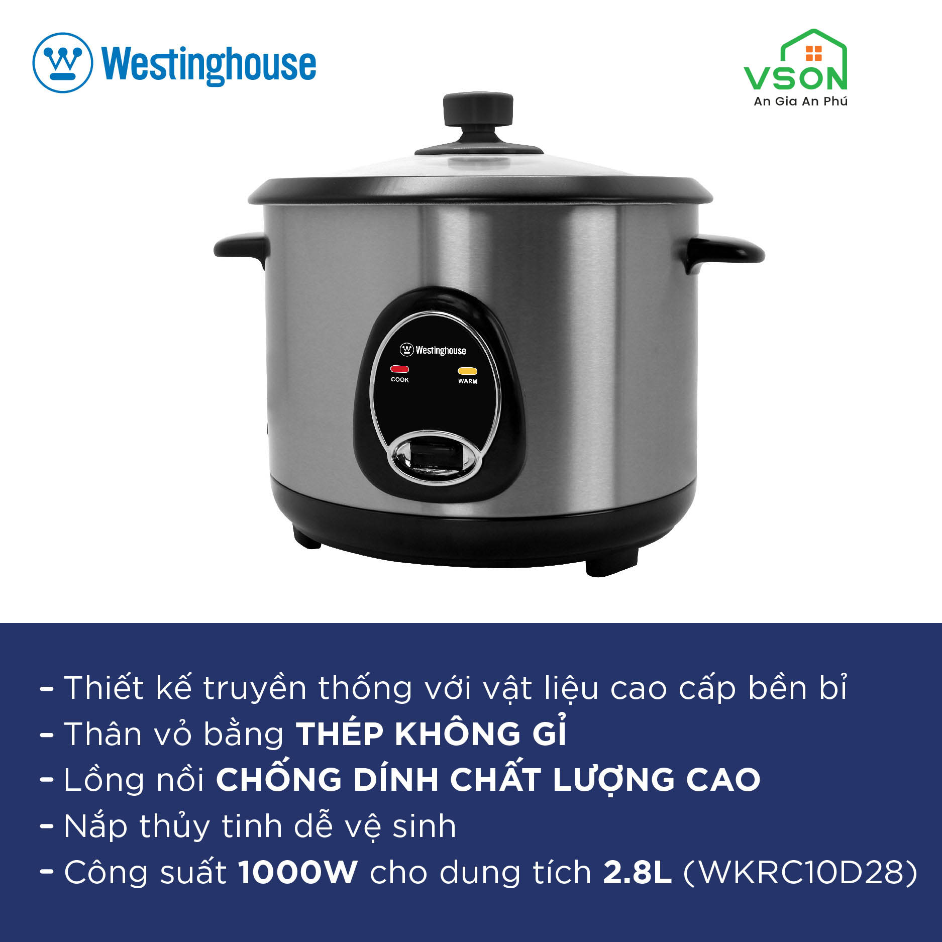 Nồi cơm điện WestingHouse WKRC10D28 Dung tích 2.8L, chất liệu thép không gỉ, phủ chống dính - Hàng chính hãng Mỹ