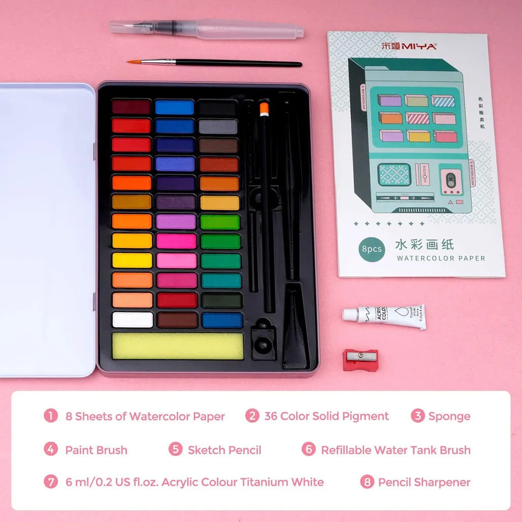 Bộ màu nước dạng nén 36 màu Himi hộp thiếc tặng cọ nước, cọ tỉa, bút chì, màu Acrylic, đồ chuốt - Watercolor Kit