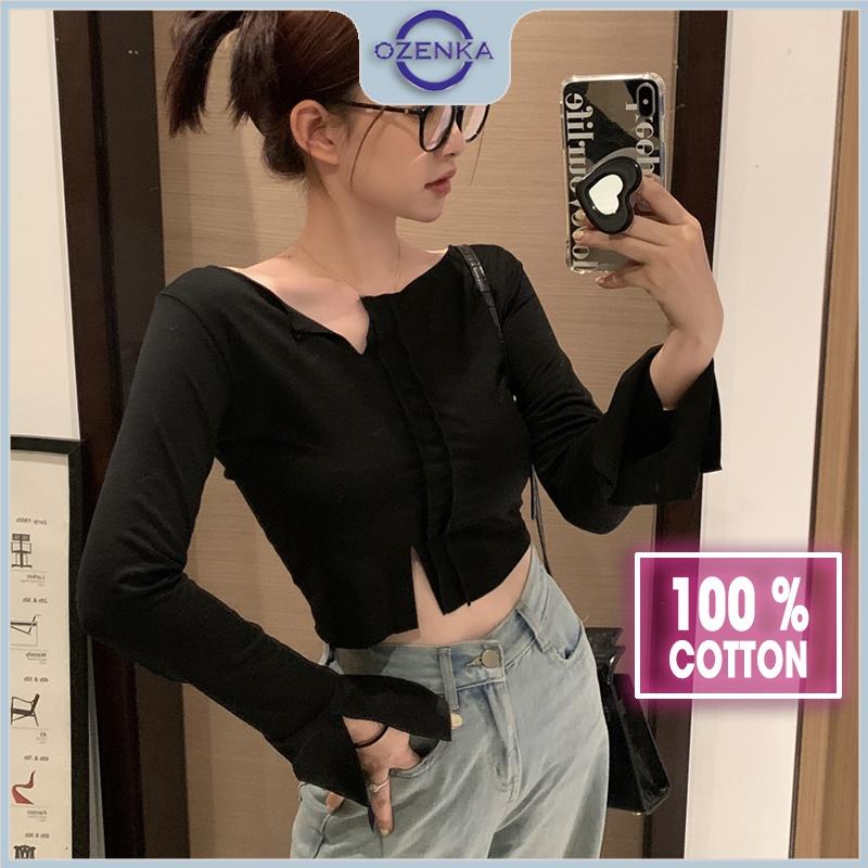 Áo croptop tay dài nữ sẻ gấu kiểu cổ rộng ozenka , áo crt thu đông thun cotton 100% màu đen trắng size dưới 55 kg