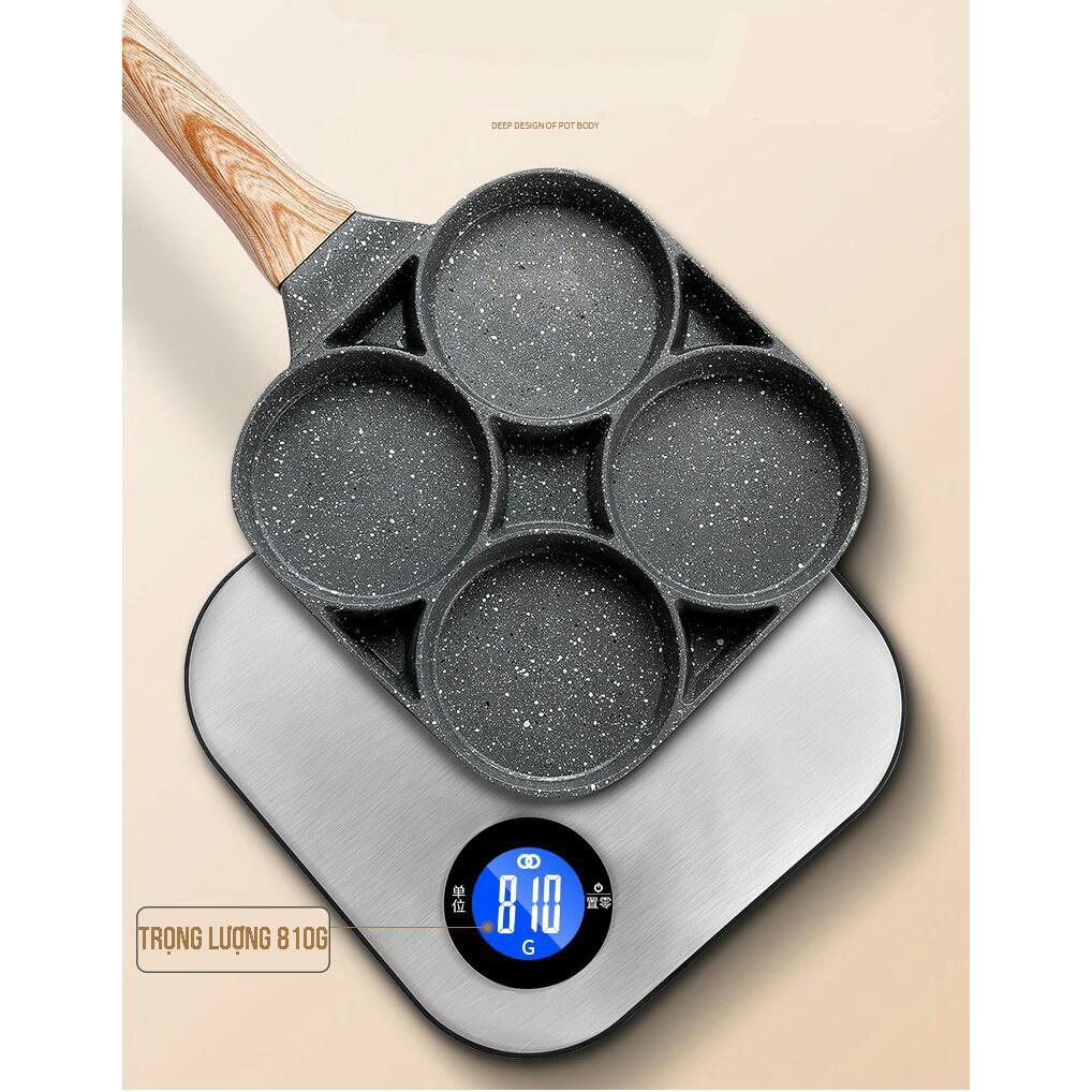 SP1715 Chảo Chiên Trứng 4 Ngăn - Chảo Làm Bánh 4 Lỗ Chống Dính- Chống Dính Tay Cầm Gỗ