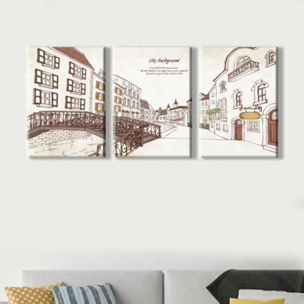 Bộ 3 Tranh Ép Gỗ MDF Treo Quán Cà Phê "City Background" W153