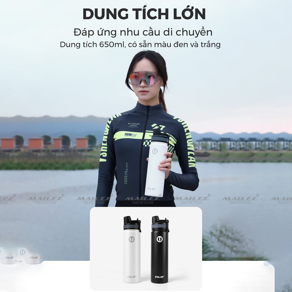 Bình Nước Xe Đạp Inox 304 Giữ Nhiệt ESL-053 dung tích 650ml màu Trắng/Đen giữ nhiệt 12h Nóng 24h Lạnh Thể thao cắm trại leo núi đi xe đạp - Mai Lee