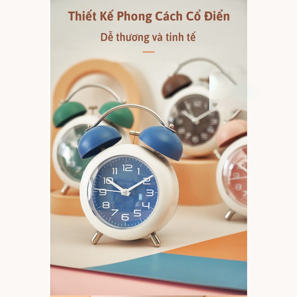 Đồng hồ báo thức Chuông kêu to để bàn Decor đẹp mini vintage Laluna đủ màu kim loại tích hợp đèn ngủ